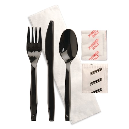 Senate Knife Fork Spoon Salt Pepper Napkin Black Wrapped Cutlery Kit, PK250 P250E3PCSPKIT